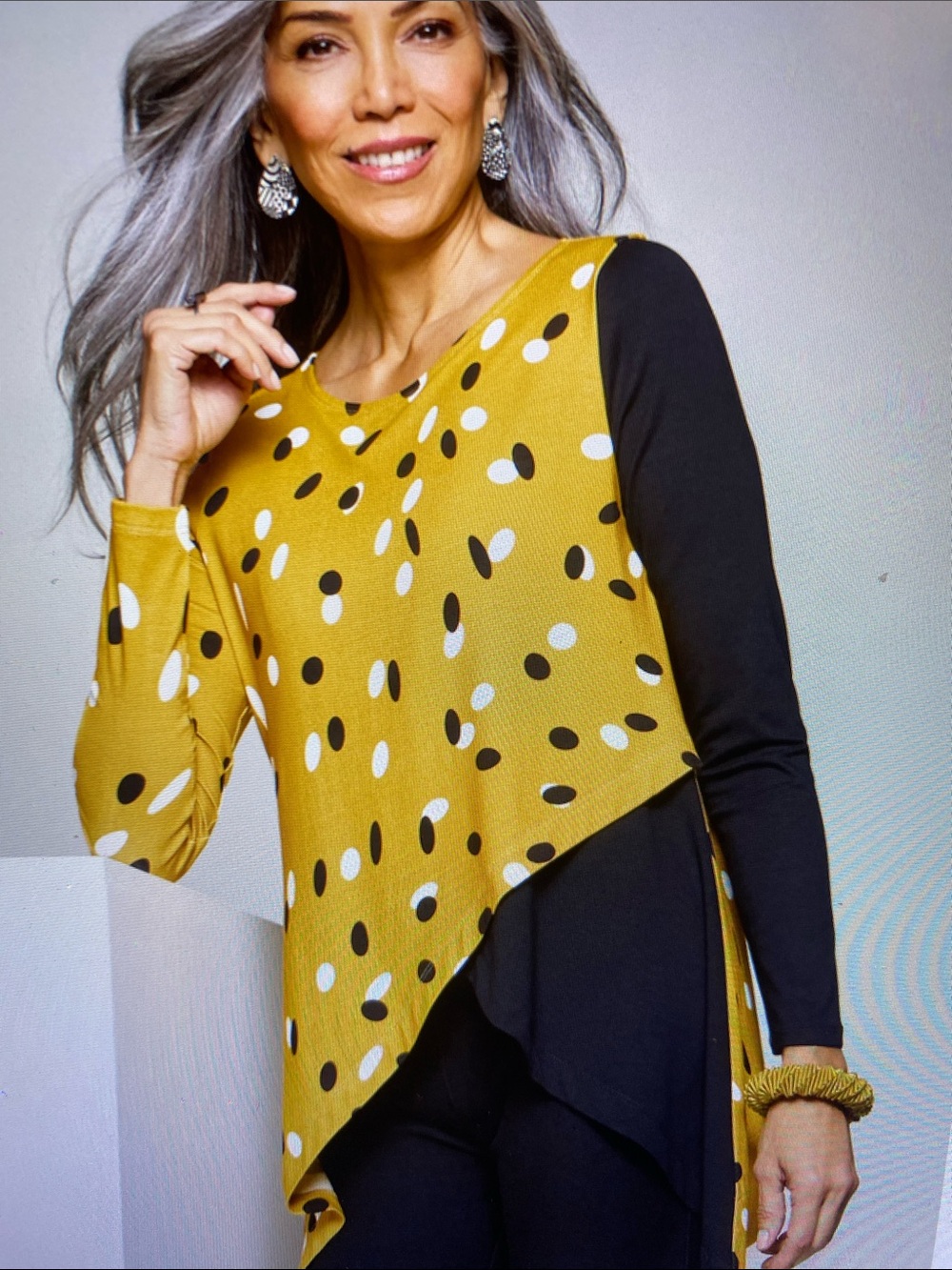 Color blocked long top w/ contrasting long sleeves & asymmetrical wrap hem